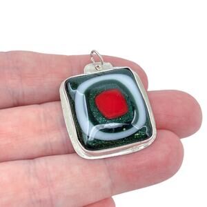 Vintage Sterling Silver 925 Square Dichroic Glass Sparkly Green & Red Pendant